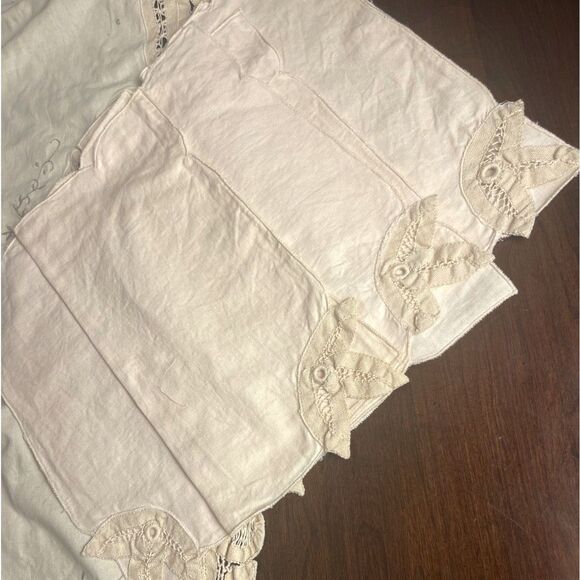 VTG Battenberg Cutwork Lace Ivory Linen Tablecloth Hand Embroidered W/6 Napkins - Picture 14 of 16